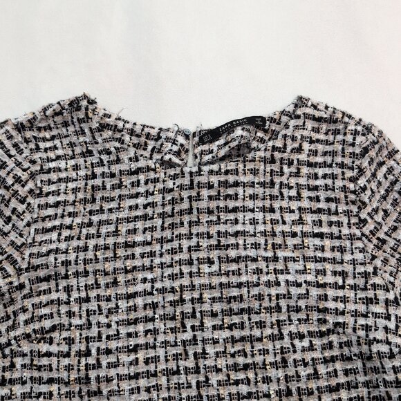 Zara Black & White Tweed Pearl-Cuff Crew Sweater Size S - Picture 5 of 9